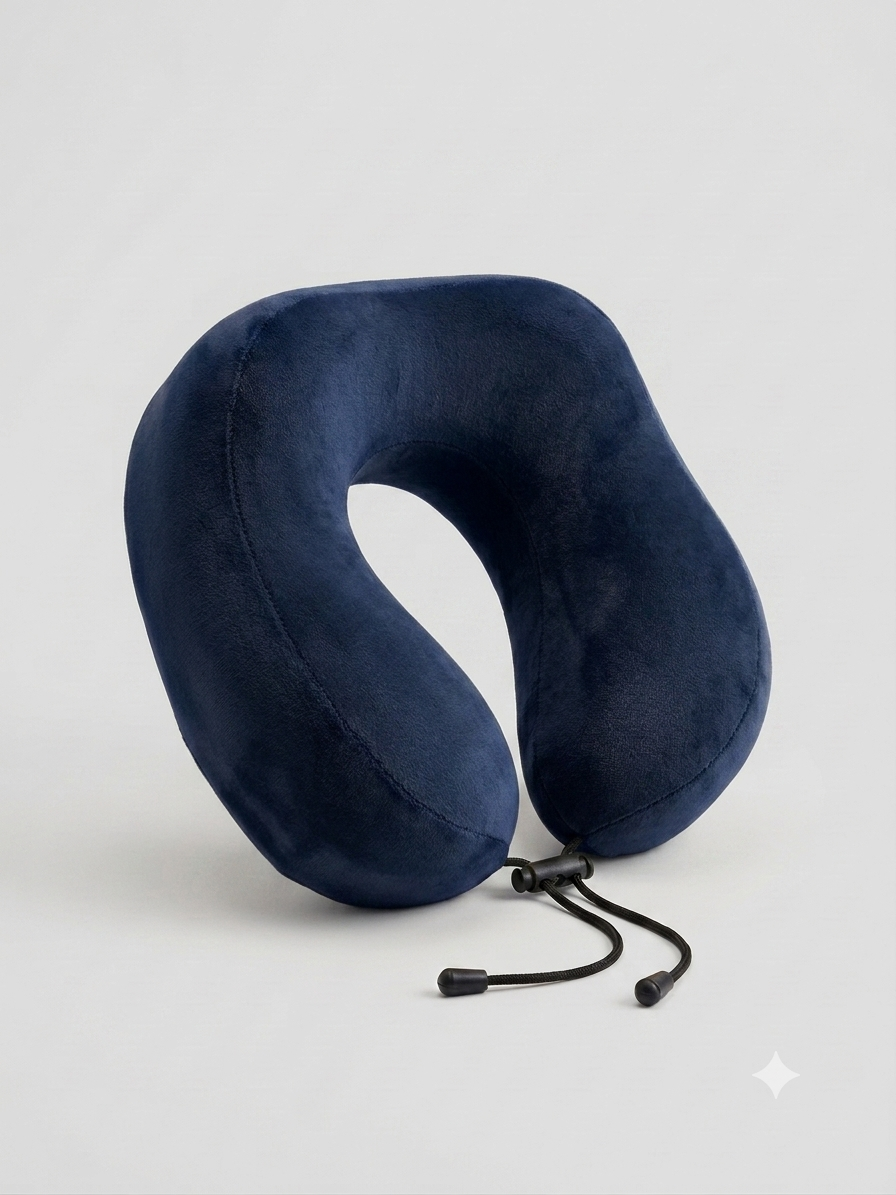 Navy Blue Memory Foam Neck Pillow – Adjustable Orthopedic Travel Pillow